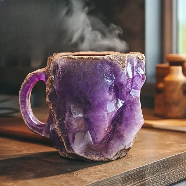 Taza de café con cristales y minerales
